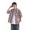 Summer New Color Blocked Plaid Lapel Shirt Japanese Retro Pocket Decoration Short Sleeved Shirt