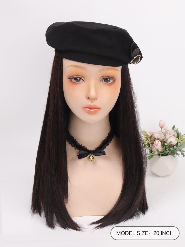 Beret Hair Extensions, Long Straight Synthetic Black Wig Extensions, Suitable for Women's Daily Wear