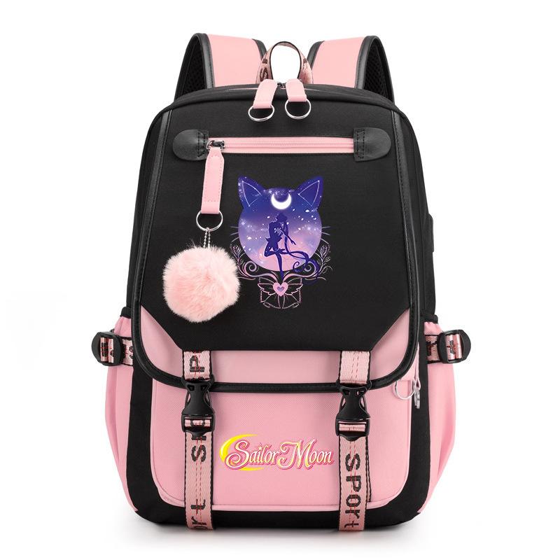 Sailor Moon Cute Anime Printed Student School Bag USB Interface Large Capacity Canvas Bag Computer Bag