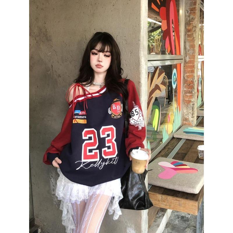 American Citygirl Loose Oblique Shoulder Strap Design Sense Hoodie Women In Early Autumn New Casual Sports Top