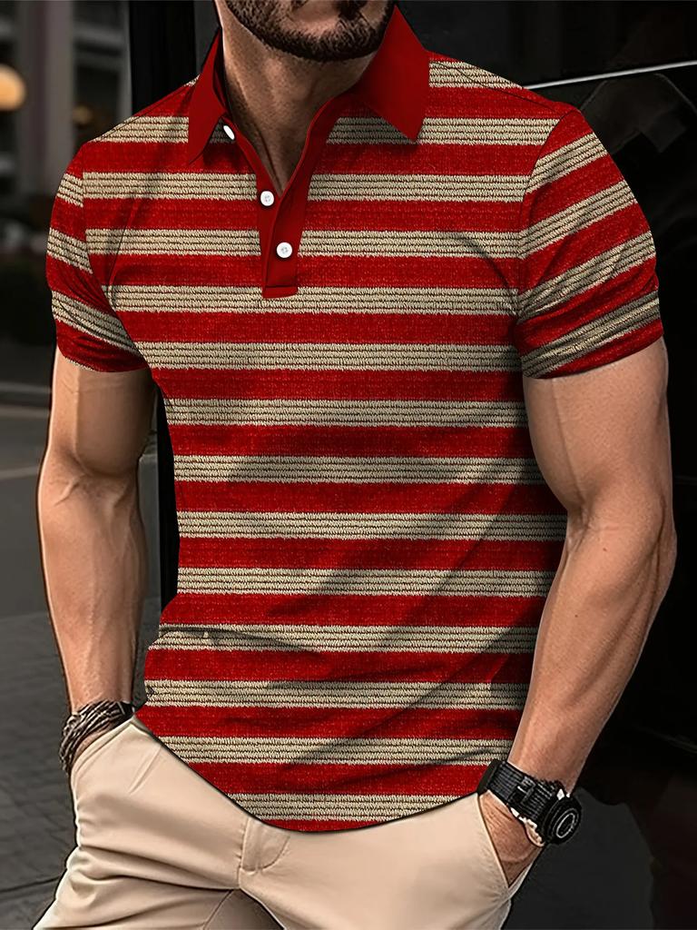 Men's Summer Short Clothes Sleeved Lapel 3D Digital Printed Striped Polo Shirt Men's Fashion Business Casual Top Clothes