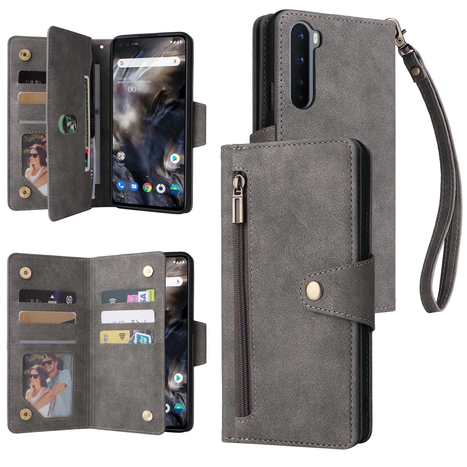 

For OnePlus Nord Case PU Leather Foldable Stand Wallet Phone Cover with Rivet Decor Grey