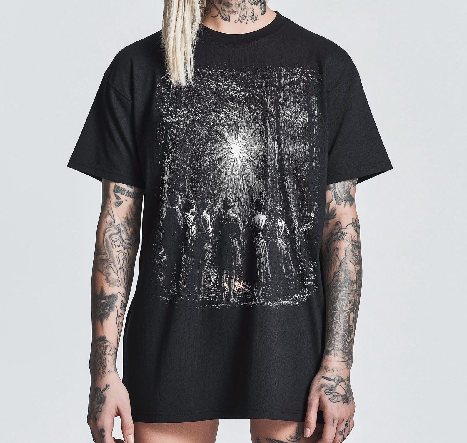 Forest Campfire Unisex Tee, Grunge Alternative Fashion Sketch Shirt, Mysterious Light Through Woods, 1900s Artistic Tee, Dark Forest Scene 4XL