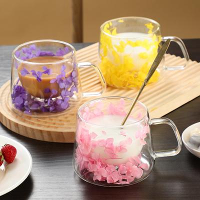 200ml Floral Glass Mug Real Flower Coffee Cup Double Wall Clear Mug with Insulated Handle Aesthetic Floral Tumbler for Hot Cold Drinks
