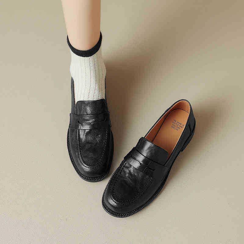 Cowhide version~ leather round head retro small leather shoes women's British style black platform lazy single shoes thick heel loafers