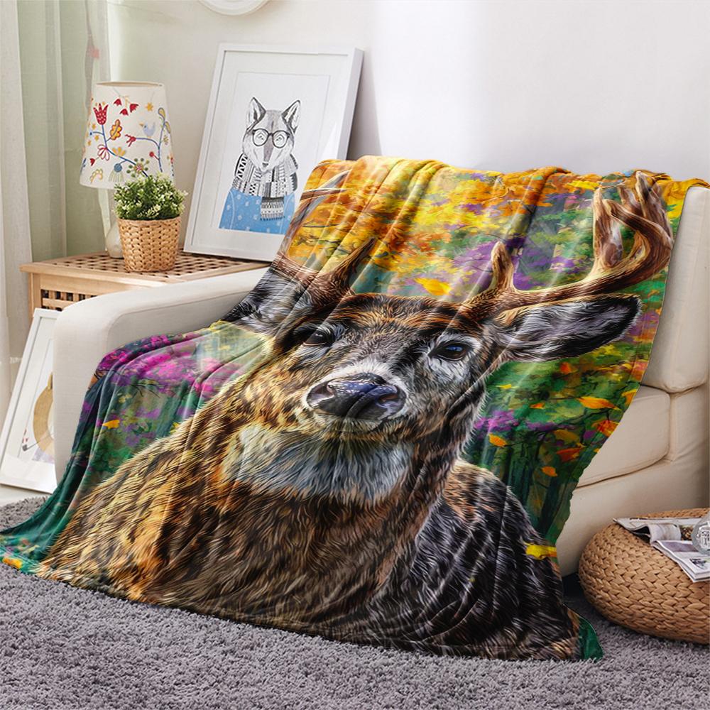 1Pc Deer in Forest Print Flannel Blanket, High quality Comfortable for All Seasons, Home Decor, Warmth and Comfort, Perfect for Gifts