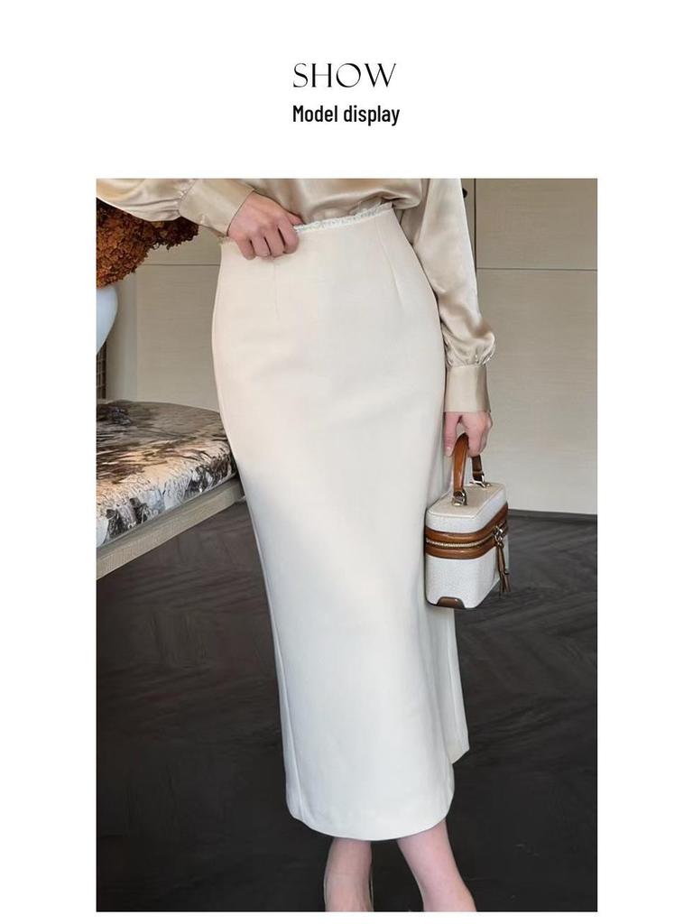 Rongtai Elegant High-Waist Lace Trim Straight Skirt with Back Slit - Women's Fashion 2026
