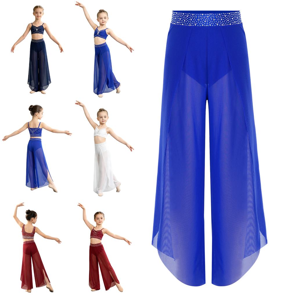 Kids Girls Lyrical Dance Pants Shiny Rhinestone Waistband Side Split Mesh Trousers for Stage Performance Competition