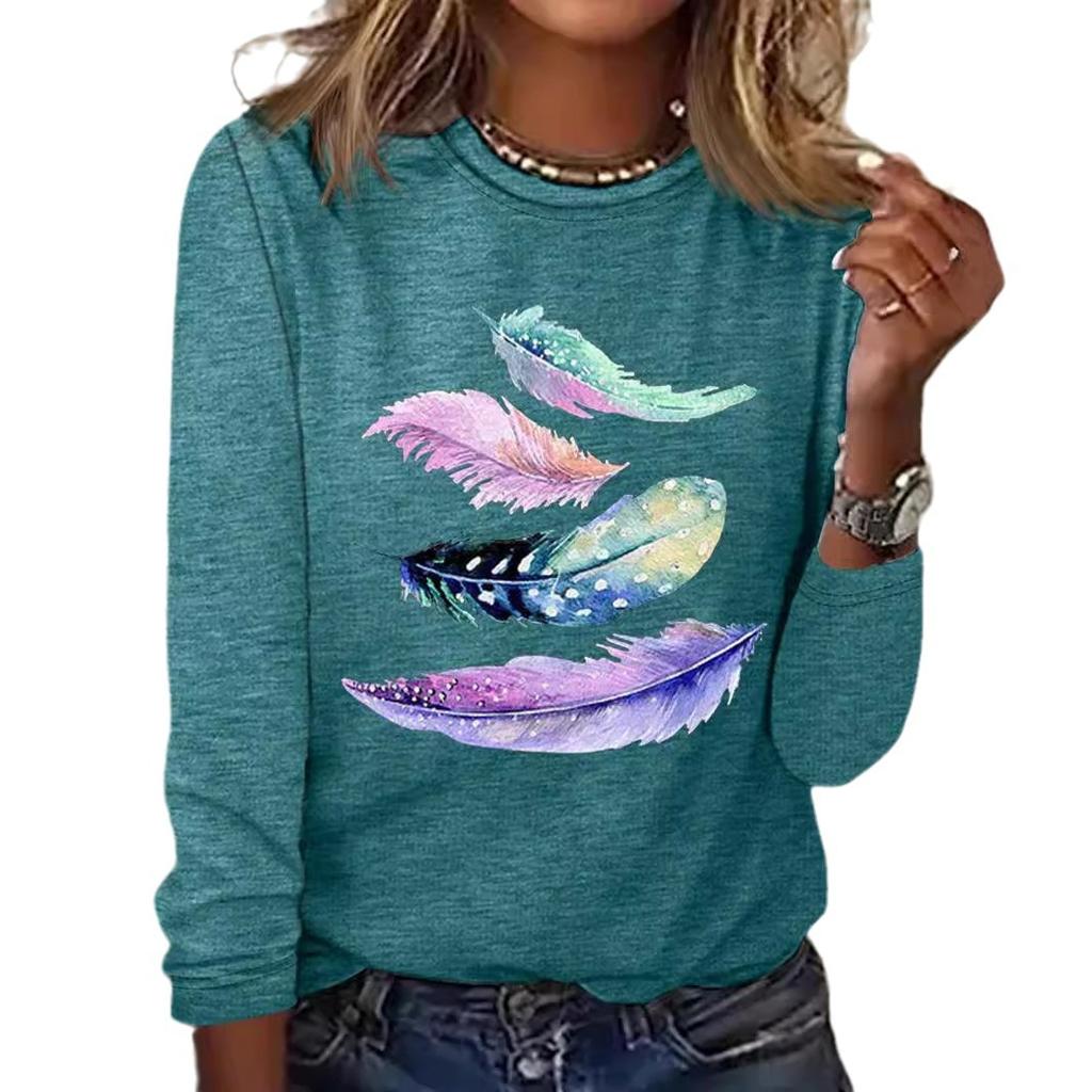 Autumn Feather Pattern Printed Long Sleeve Round Neck Top Women's T-shirts