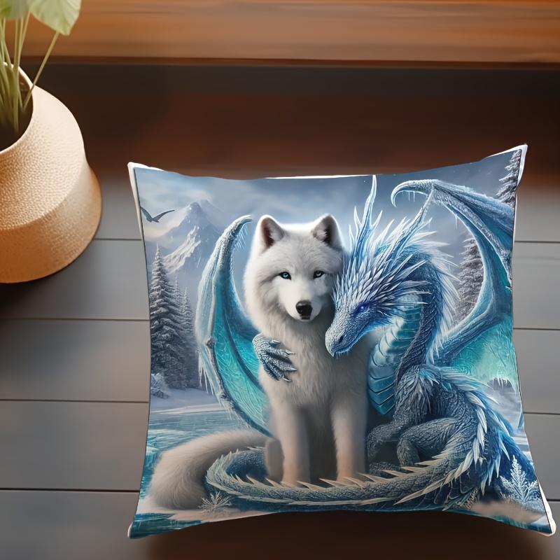 

Wolf and Dragon Pillowcase, Fantasy Art Design for Dreamy Home Decor, Soft Cotton Cushion Cover with Magical Creatures Style 16x16Inch