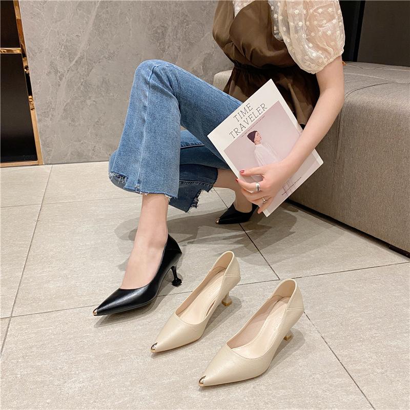 2025 New Single Shoes Women's Black Light Mouth High Heels Korean Version Pointed Thin Heels Professional Uniform Work Shoes 5A