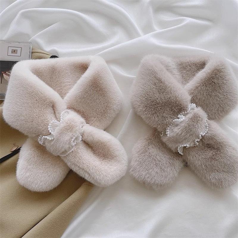 1Pc Plush Soft Scarf Warm Fur Collar Wind-resistant Clothing Accessories Skin-friendly Lace Pearl