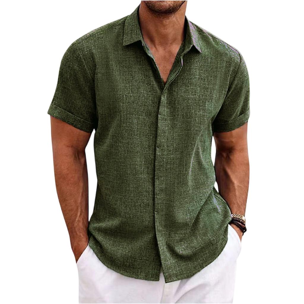 Men's Casual -color Loose Short-sleeved T-shirt Shirt - Men's Cotton And Linen Collar Short-sleeved Top
