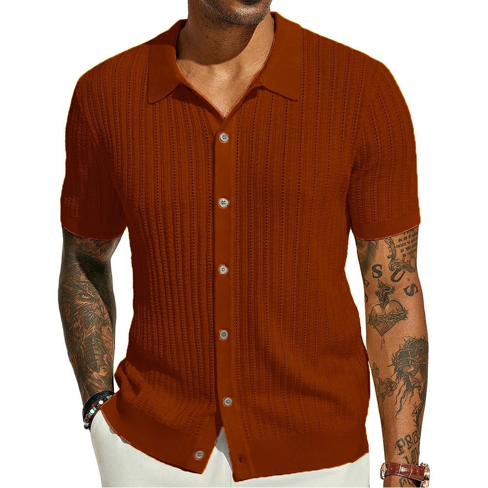 Men's Summer Cool Knit Short Sleeve Collared Shirt - Solid Color, Breathable, Hollow Out Design