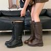 Eilyken Fashion Punk Style Cross-Strap Round Toe Knee High Boots Women Belt Buckle Zipper Square Heels Designer Shoes