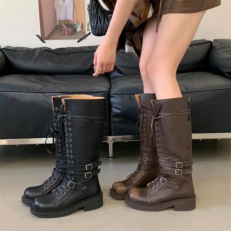 Eilyken Fashion Punk Style Cross-Strap Round Toe Knee High Boots Women Belt Buckle Zipper Square Heels Designer Shoes