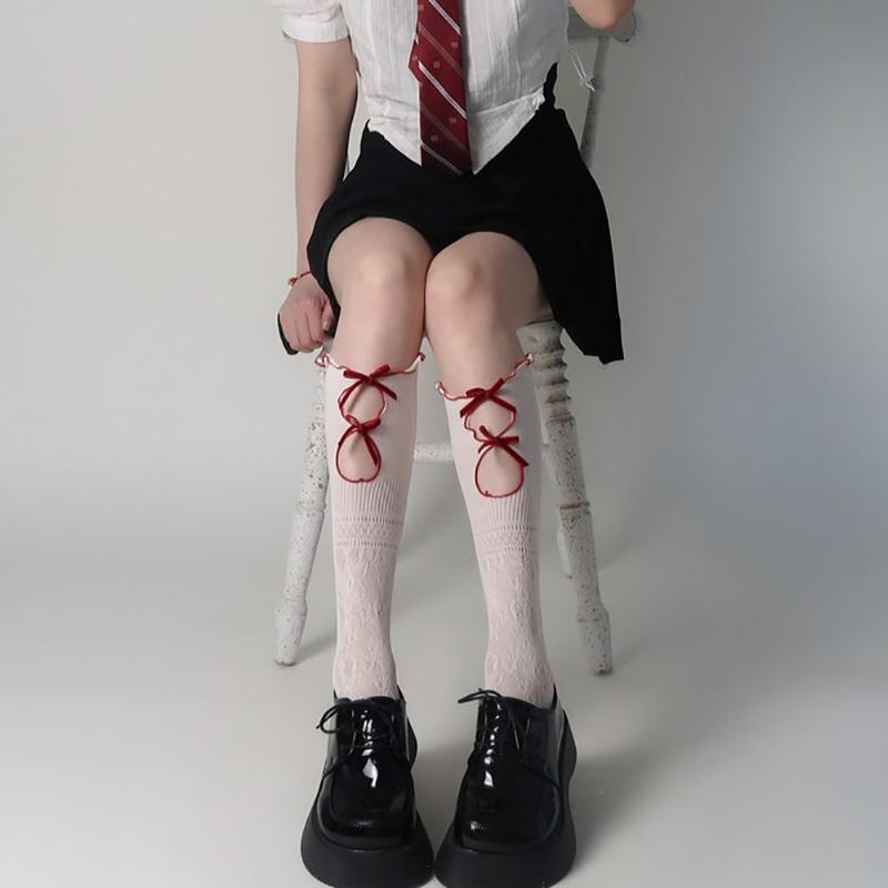 

1 пара полых кружевных женских длинных чулок, модные универсальные завязанные белые удобные дышащие повседневные носки в стиле Лолиты красный