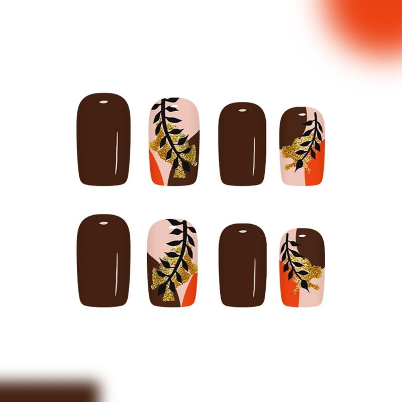 Salon Grade Press On Nail Gold Foil Glitters Artificial Nail Autumn Winter Deep Brown Shade 24Pcs/Box NonToxic