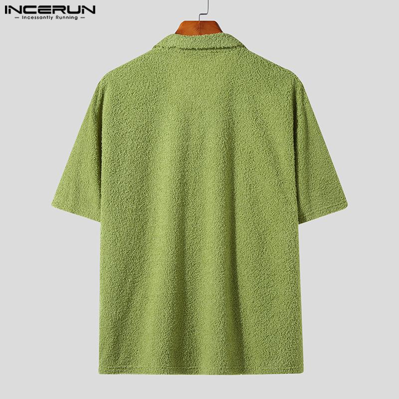 INCERUN Men's Fashion Button Up Furry Shirts Solid Short Sleeve Fleece Tops