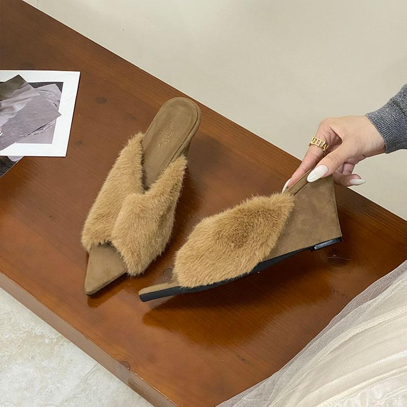 Fashion Ladies Pumps Slides Wedges Shoes Female High Heels Footwear Pointed Toe Fashion Fur Warm Women Wedges Heeled Shoes