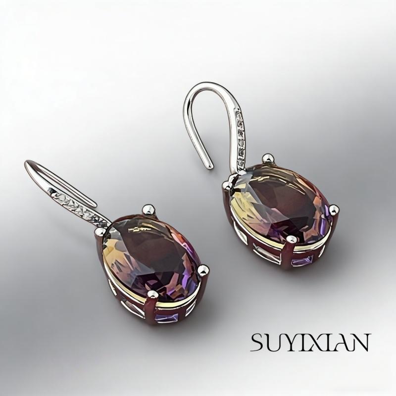 925 Sterling Silver Stylish Simple Amethyst Zircon Earrings Birthday Party Anniversary Gift фиолетовый