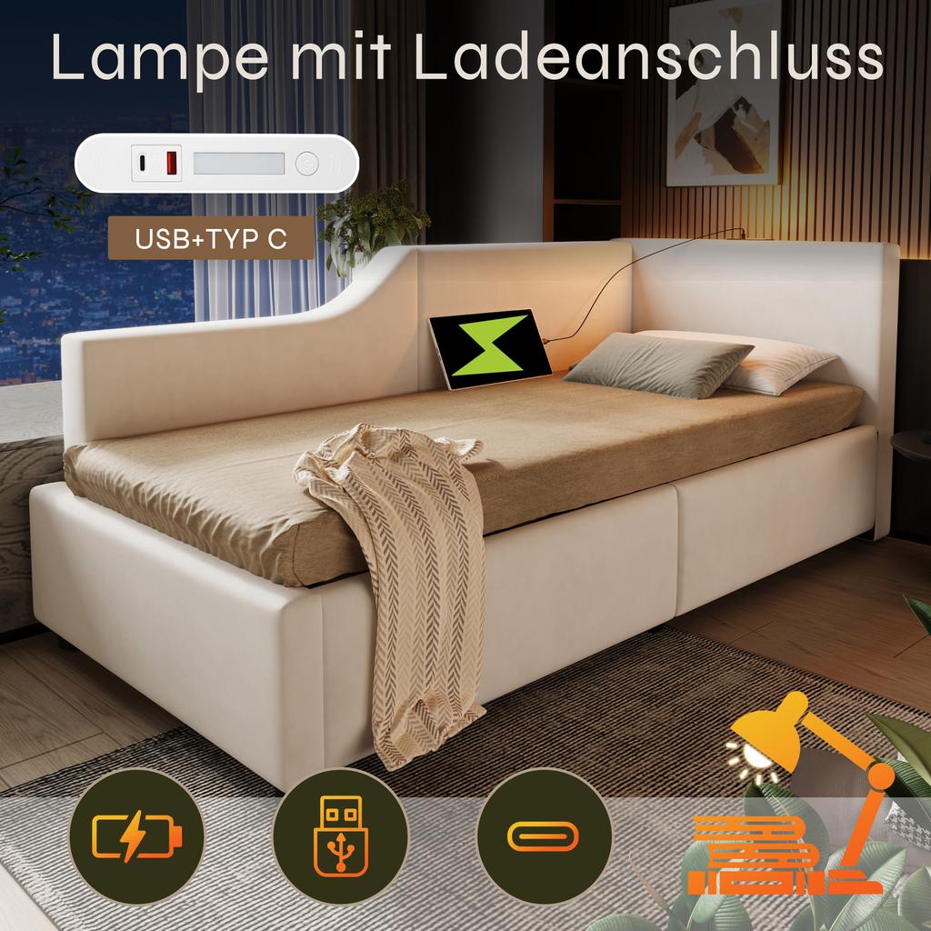 Upholstered Daybed 90x190cm, Sofa Bed with Hydraulic Storage, Reading Light and USB-C Charging, Children's Bed with Wooden Slatted Base, Velvet, Beige