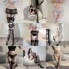 Sexy Black Lace Garter Stockings with Open Crotch Fishnet Leggings Set