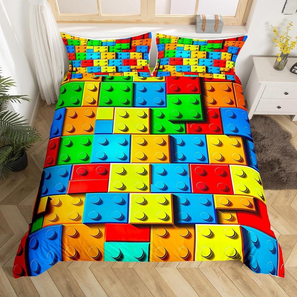 Building Block Duvet Cover Twin King Rainbow Construction Bedding Set Colorful Bricks Comforter Cover For Teen Girls Room Decor
