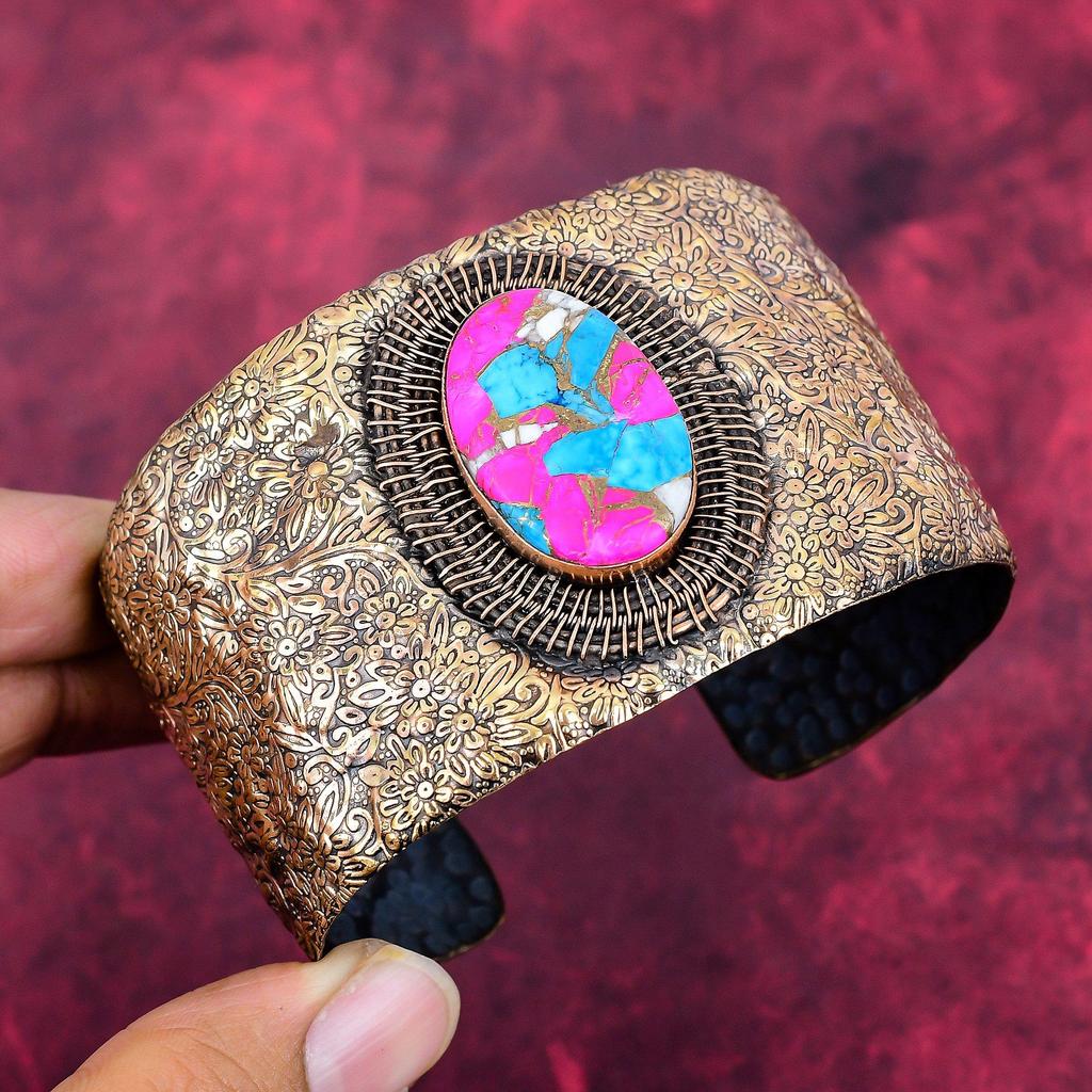 Cotton candy turquoise cuff bracelet copper wire wrapped bangle adjustable bangle handmade gemstone jewelry wire wrap jewelry gifts for her