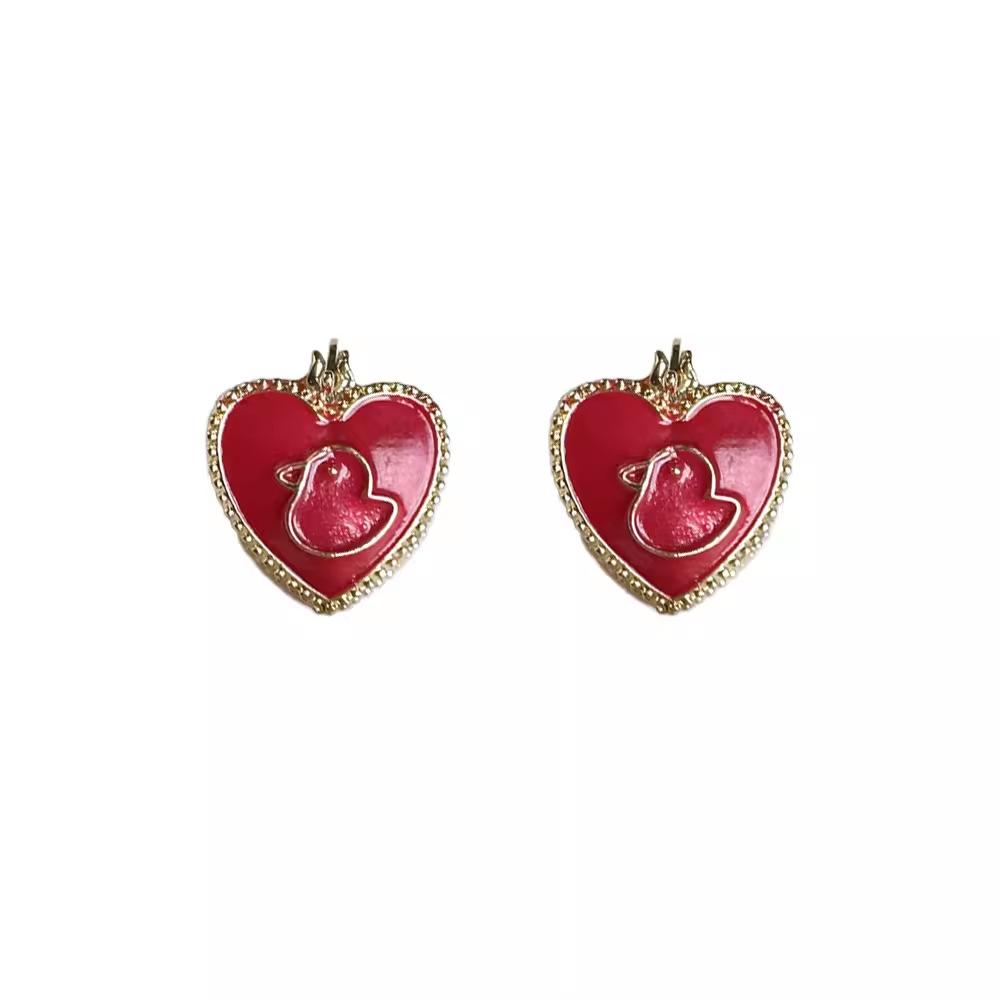 French Classic Red Retro Love Drip Earrings Elegant Hong Kong Style Ear Buckles Fashionable Small Exquisite Versatile Earrings
