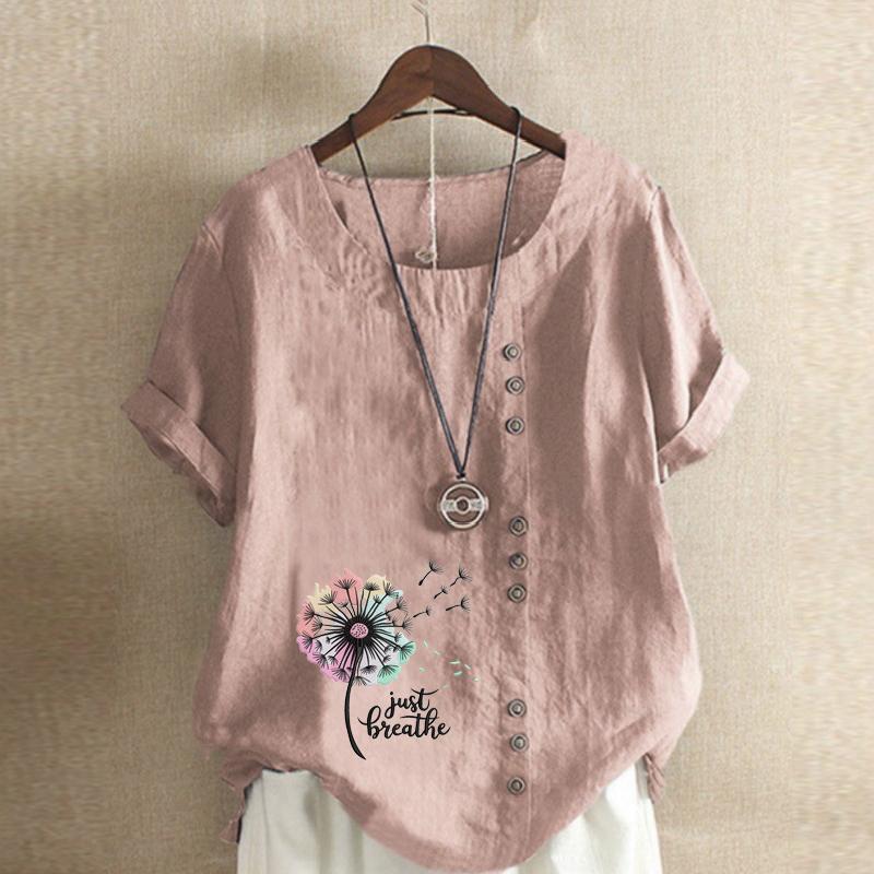 Women's Fashion Colorful Dandelion Prined Short Sleeve T-shirt Loose Cotton Shirt Casual Loose Summer Blouse Tops Plus Size
