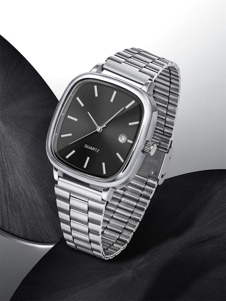 No gift box Steel belt watch retro silver genuine square quartz wristwatch   cross video 4-piece set