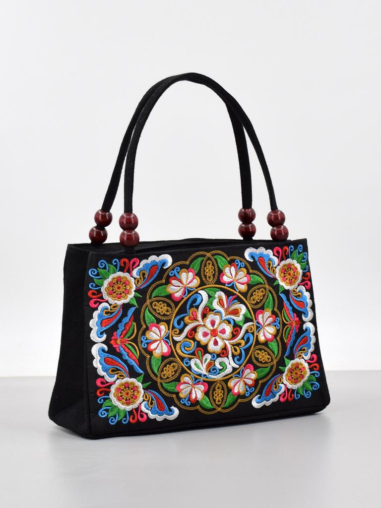 Artful Ethnic Doublesided Embroidered Canvas Handbag With Wooden Bead Accessories For Daily Use