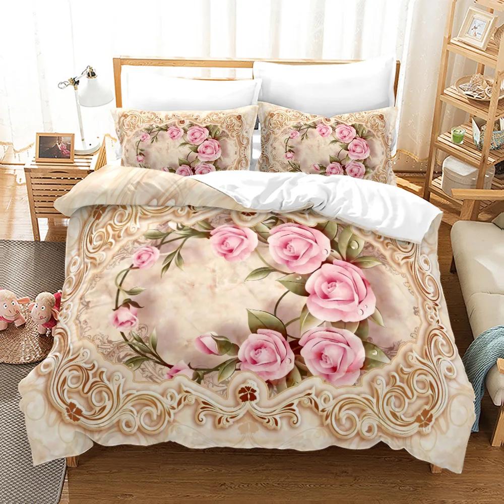 Rose Polyester Påslakanset King Full Size Röd Blomma Blommor 3D-tryckt Romantiskt För Flickor Kvinnor Par Älskare Sängklädesset