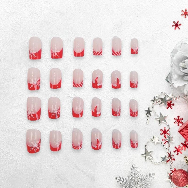 Christmas Press on Nails Medium Square False Nails Snowflake Designs Acrylic Artificial Stick on Nails for Women