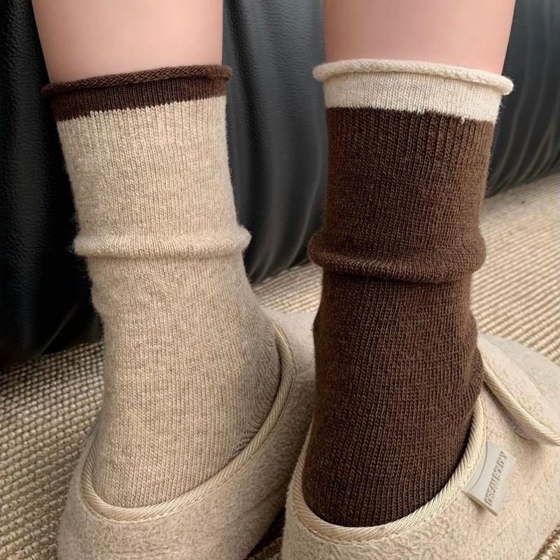 Grey Socks, Women's Autumn and Winter Pure Cotton Mid-calf Socks, Thickened Warm Wool Long Socks, Rolled-up Pile Socks, Winter