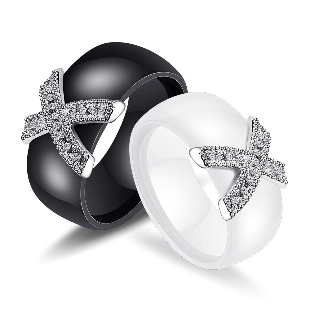 Europäisches & Amerikanisches Paar Passende Schwarz-Weiß Keramik X-Ringe mit Zirkon - 8MM Mode Ring.
