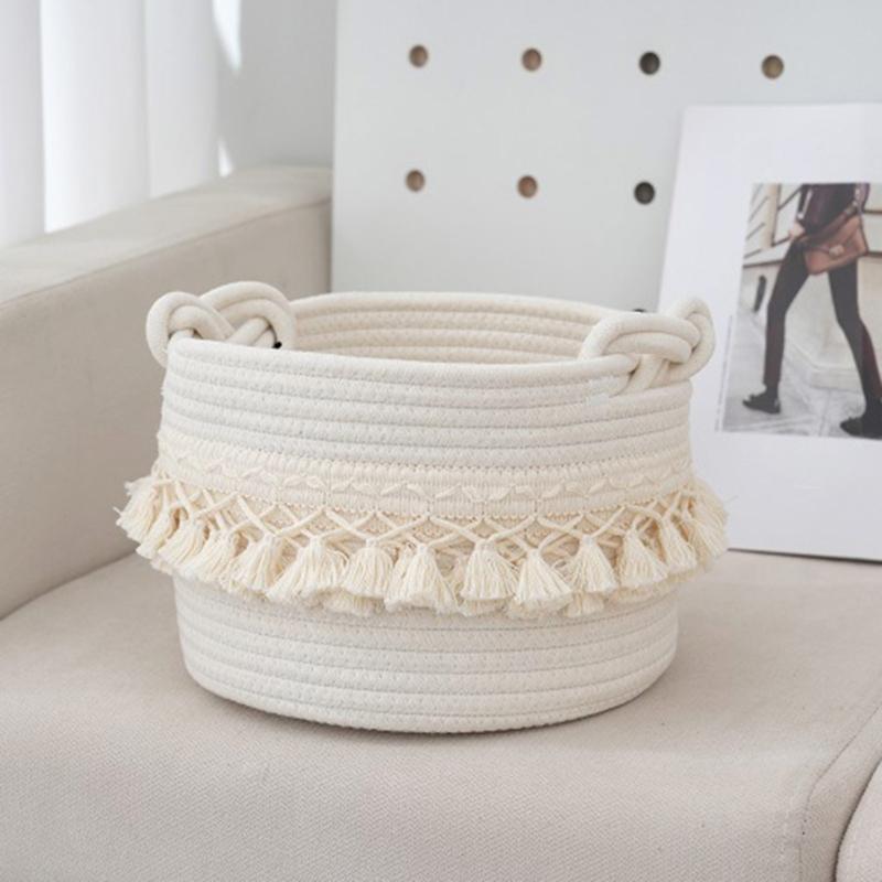 Stylish Cotton Rope Woven Storage Basket Contemporary Tassels Cotton Rope Basket Practical and Soft Storage Container