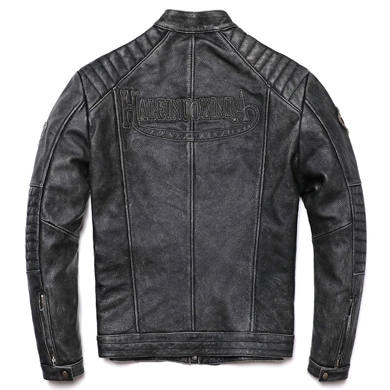 Vintage Szara Motocyklowa Prawdziwa Skórzana Kurtka Męska Biker Naturalna Skóra Bydlęca Kurtki Męskie Slim Cool Odzież Płaszcz