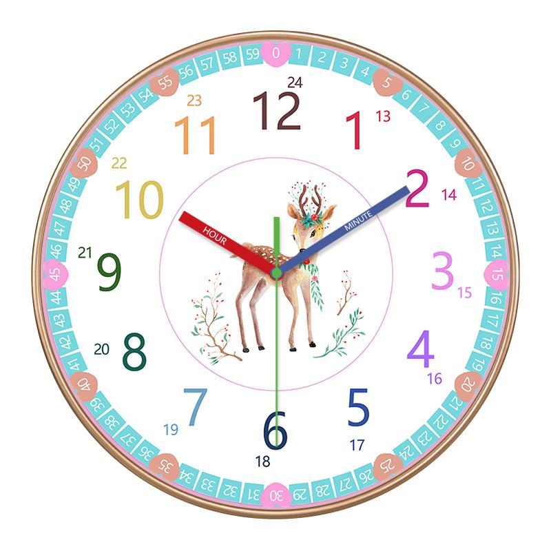 Stille Kinder Lern-Wanduhr Selbstdisziplin 24H & Minutenmarkierungen Niedliches Hirsch-Design Leicht lesbar für Kleinkinder Klassenzimmer