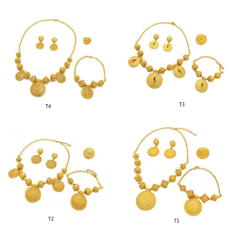 Gold Color Necklace Earring Wrist Chain and Rings Set For Bridal And Party Nigerian Weddings and Engagement Parties