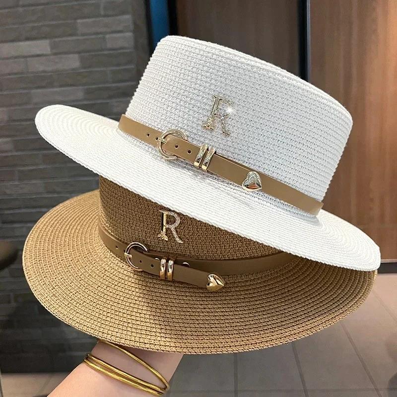 Vintage Straw Beach Hat with Metal R Buckle - Women's Summer Sun Protection Travel Hat, Fashionable Church Accessory