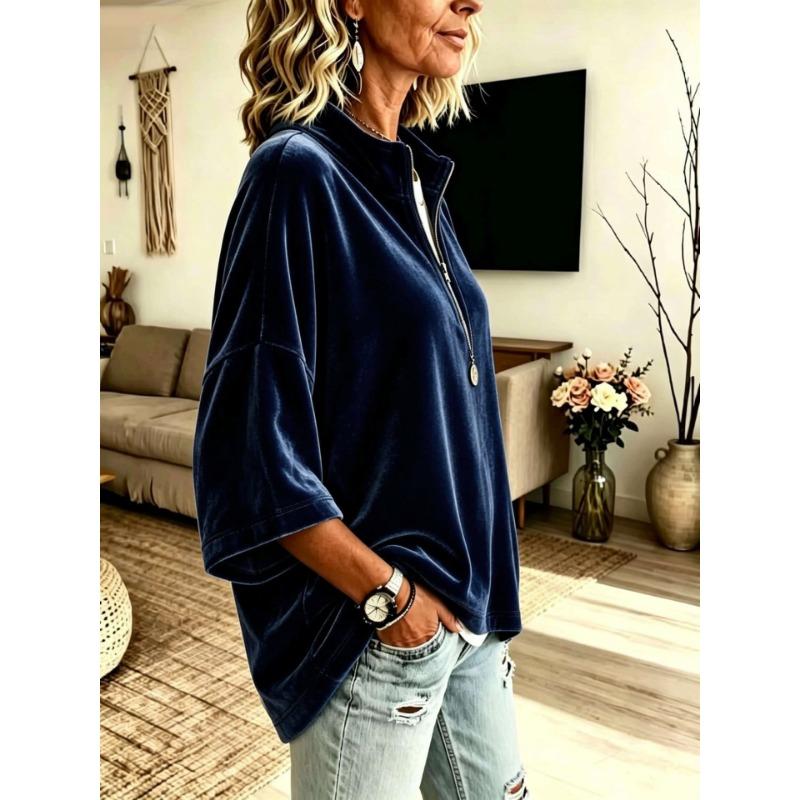 Women Velvet Top V Neck Long Sleeve Loose Fit Soft Fabric