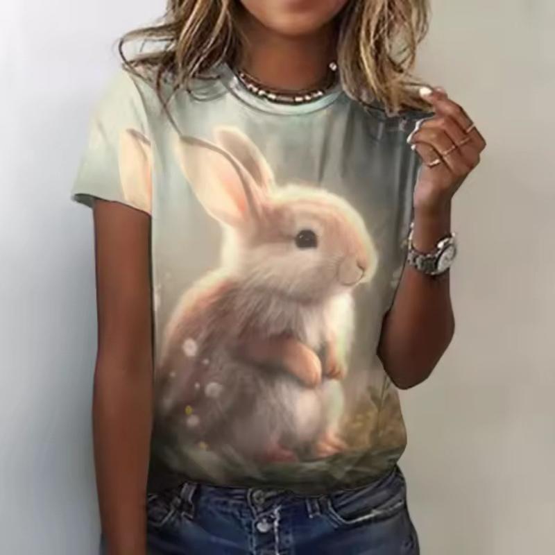 Rabbit Print Women's Top Crew Neck Short Sleeve Comfortable T-Shirts Women’s