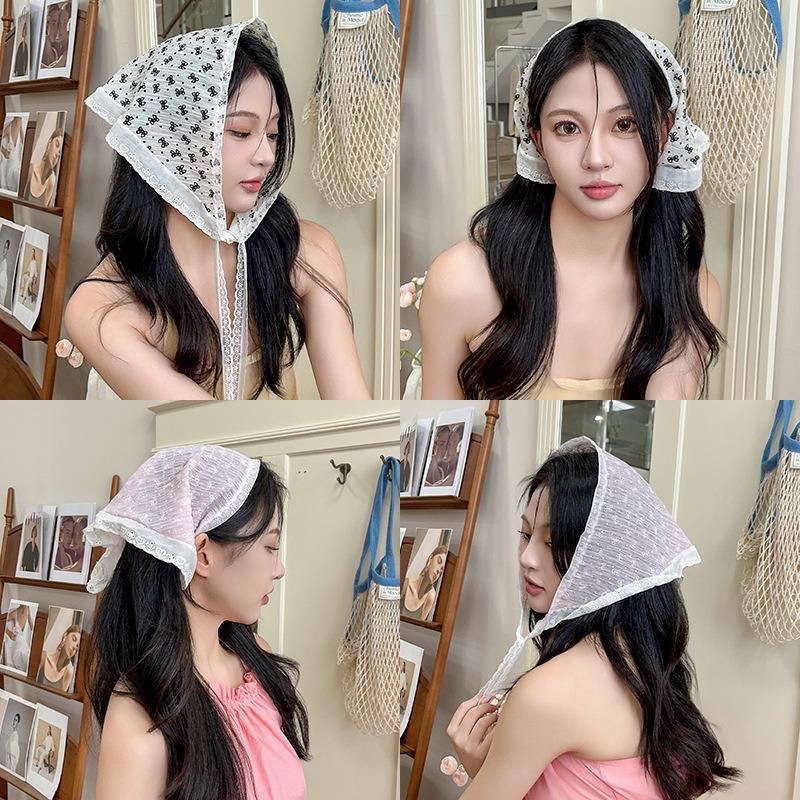 Headscarf summer women's pastoral triangle scarf literary retro crochet triangle scarf hat Y2K hot girl girl children hollow bud