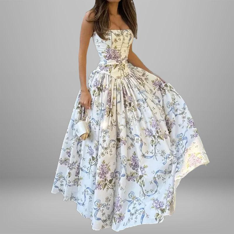 White Floral Print Strapless A-Line Maxi
