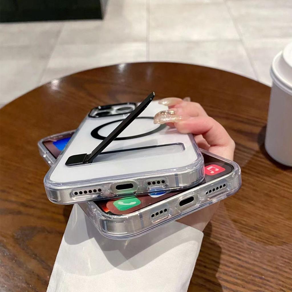 High End Minimalist Couple Phone Case with High Aesthetic Value, Crystal Clear Hardware Horizontal Stand Phone Case for Apple 15pro Phone Case