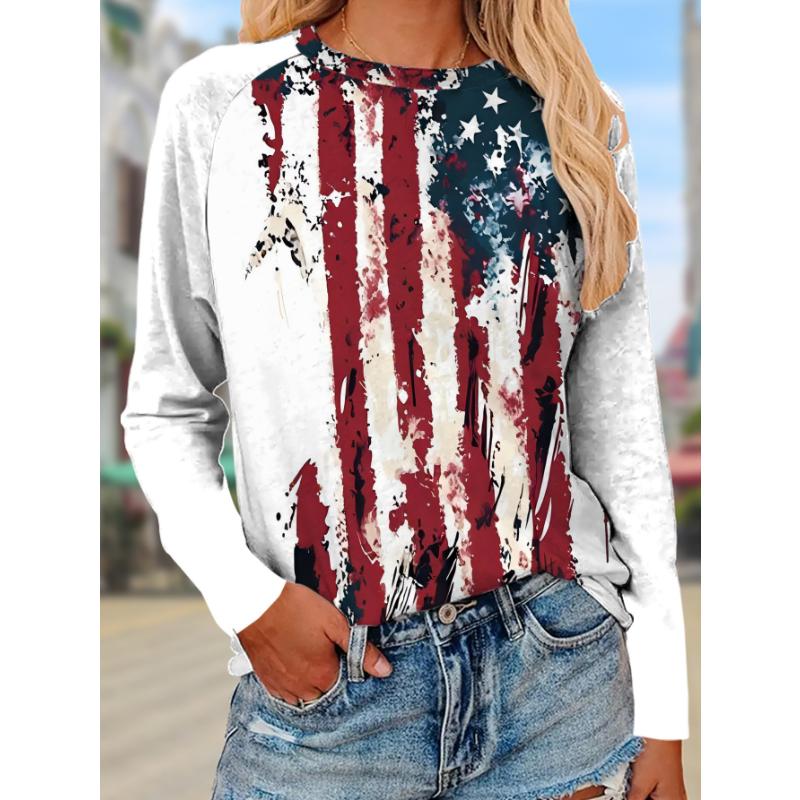 Fashion Women's Crew Neck Long Sleeve 3D Casual Color Printing Casual Long Sleeve Crew Neck T-Shirt