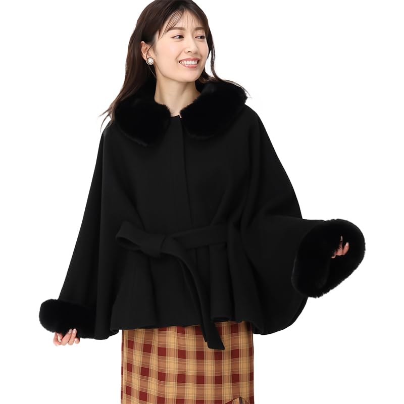 

Mishmash Short Coat with Ribbon and MM448601 BLACK Women s Poncho, Fur, чёрный
