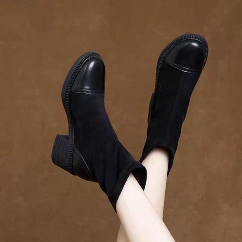 Coarse Heel Round Head Suede Splicing Martin Boots Velvet and Thin Leather Boots for Women's Autumn and Winter New Versatile Fashion Boots for Women